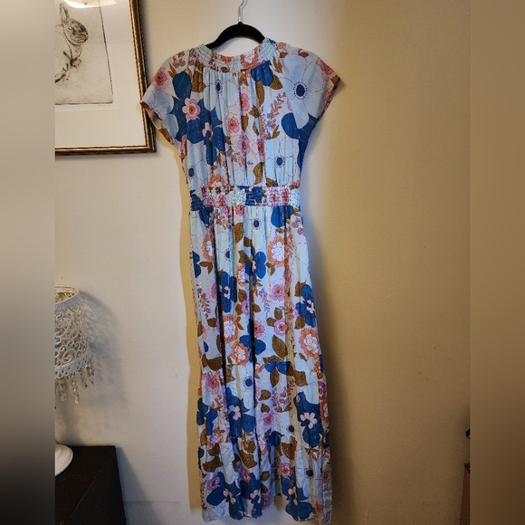 Nwt Large angie lurex floral dress maxi cap sleeve glitter boho hippie blue - Picture 5 of 5